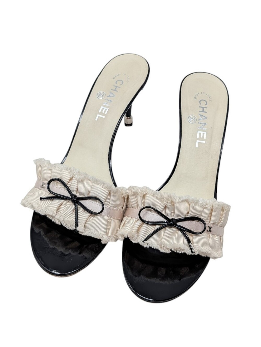Chanel Ruffled Bow Interlocking CC Patent Black Ivory Mule Dress Up Sandal EU 40 - Picture 2 of 16